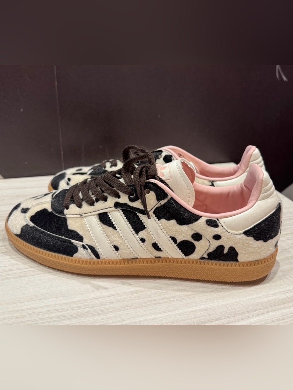 Adidas Black & White Cow Print Sneakers with Pink Lining and Gum Sole